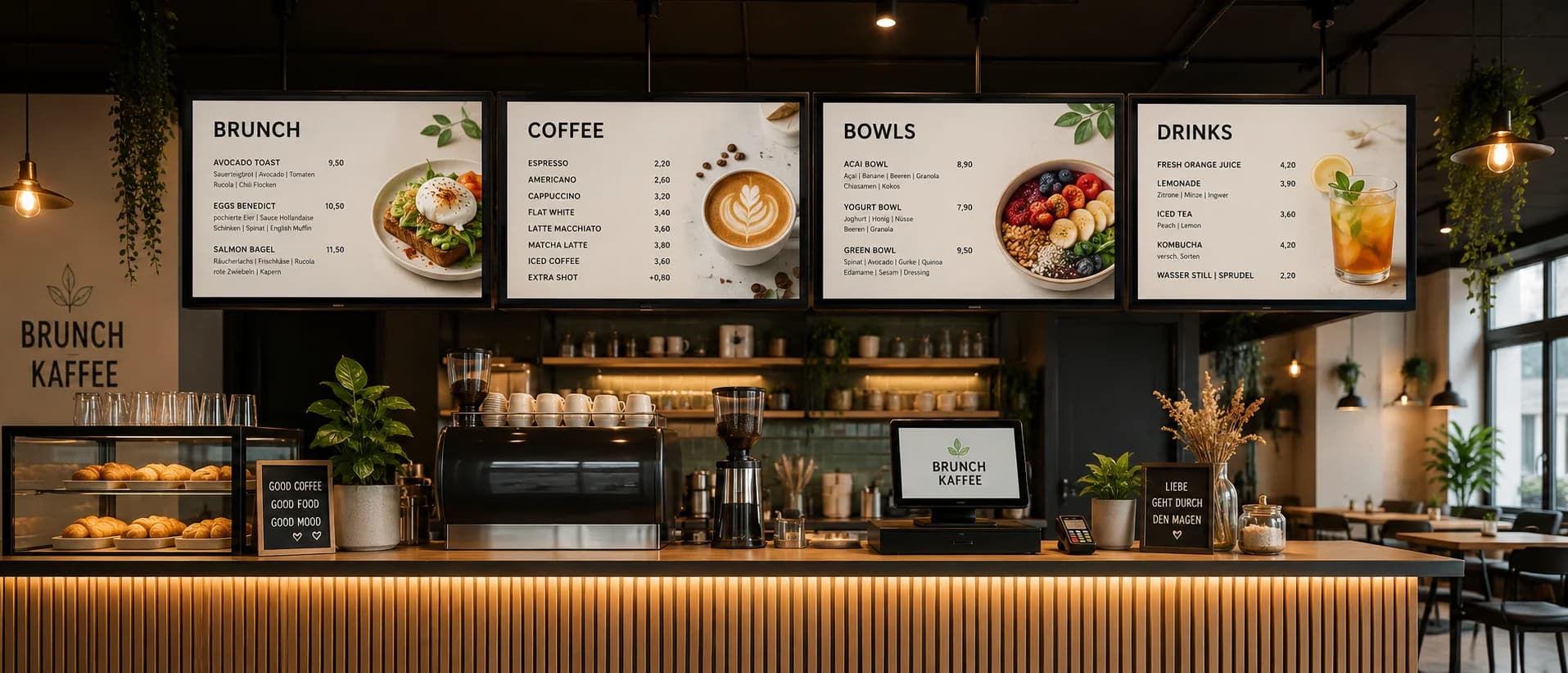 Digitale Menü-Displays mit Brunch-, Kaffee-, Bowl- und Getränkekarte im Café