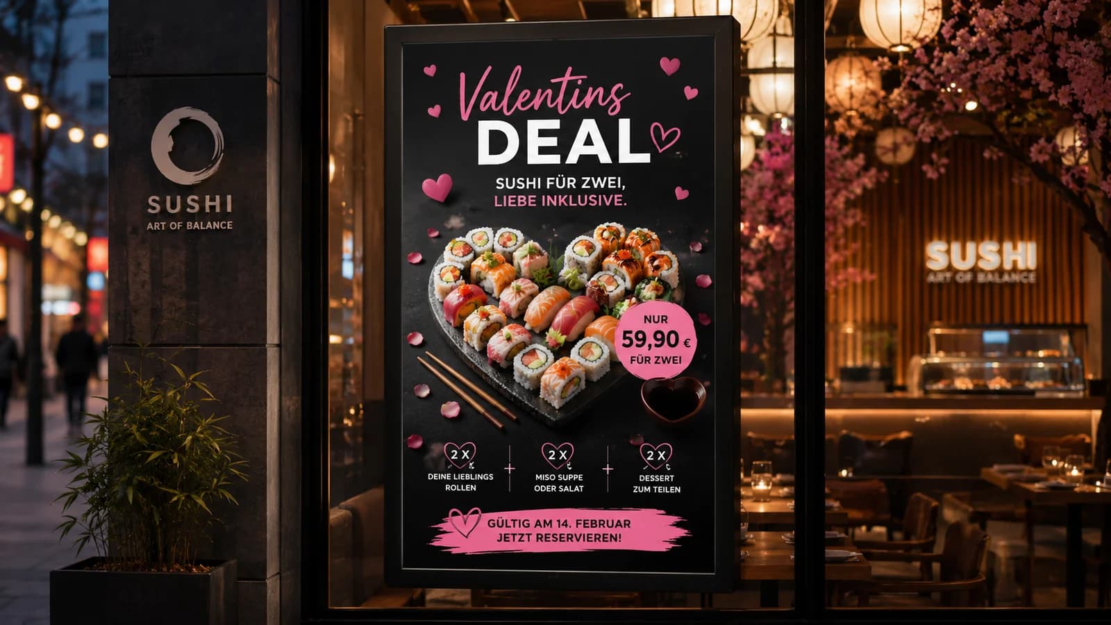 Digitale Werbetafel mit besonderem Valentinstag-Angebot