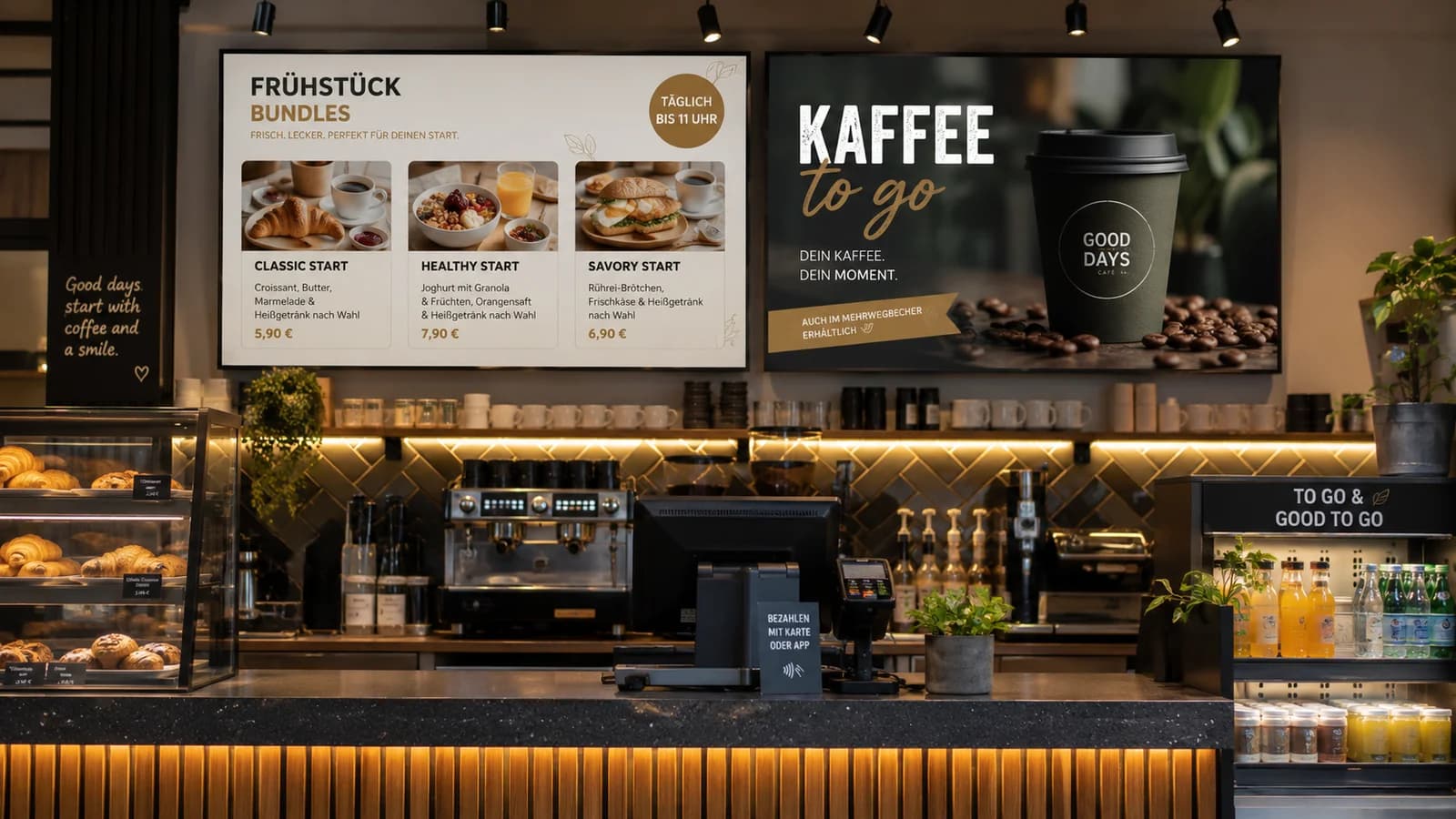Digitale Menütafeln mit zeitgesteuerten Frühstücks- und Kaffee-Angeboten